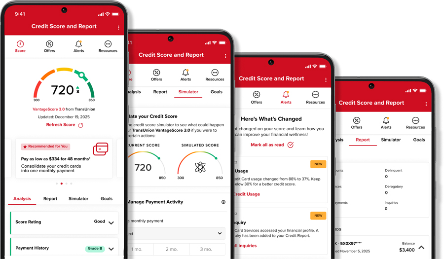Phones showing off various features and pages of the app.